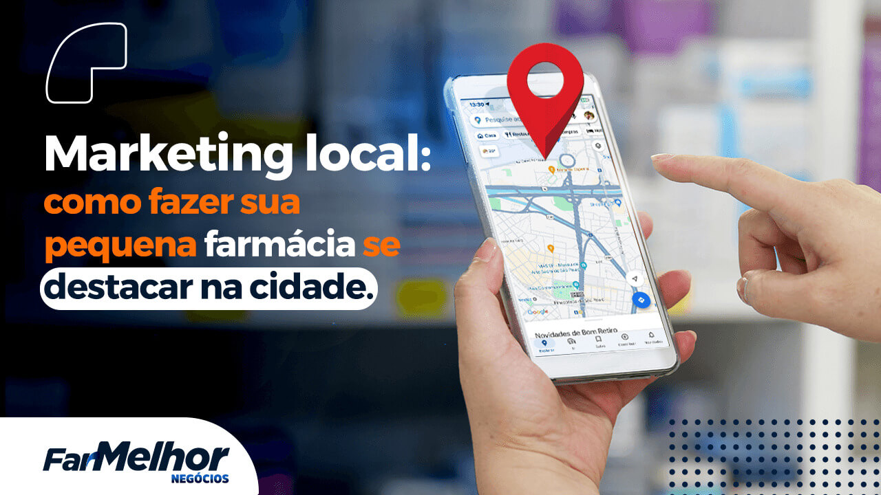 Pin marcando a localização de uma farmácia próxima em um mapa online, graças ao marketing local.