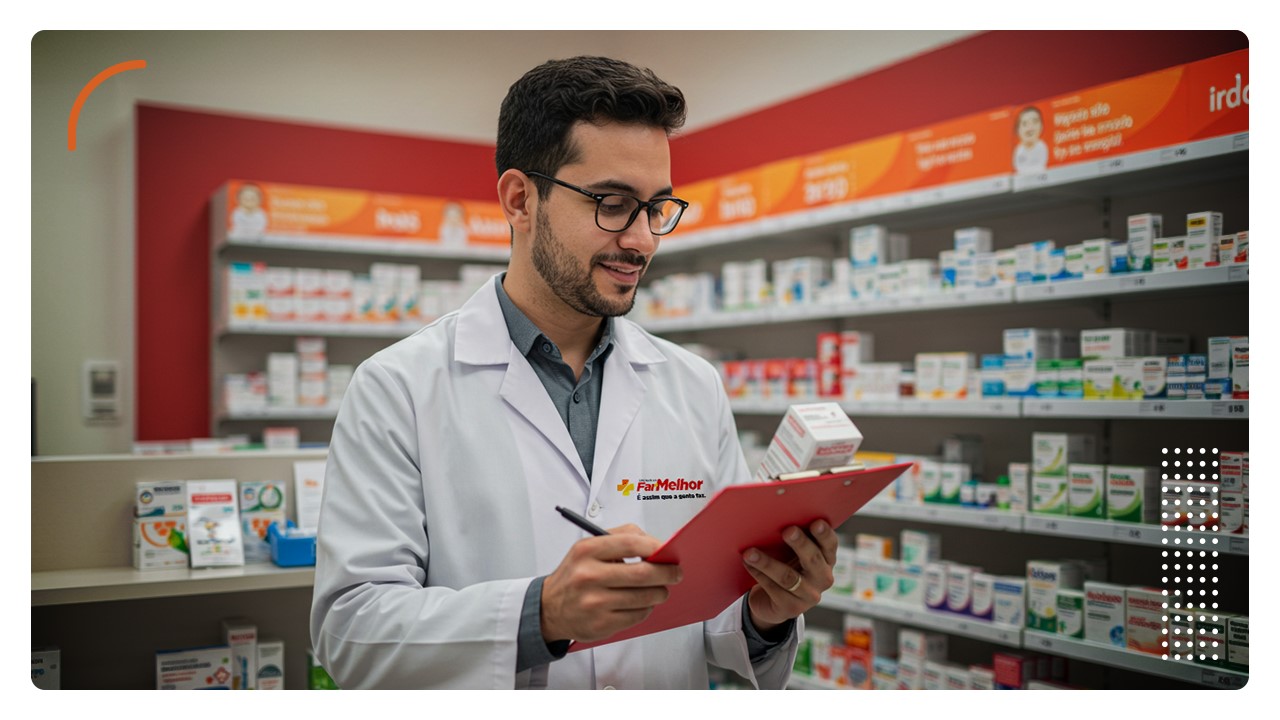 Profissional farmacêutico em farmácia analisando produto em mão e anotando informações em prancheta, com prateleiras organizadas ao fundo, destacando a importância da gestão de estoque na área farmacêutica.