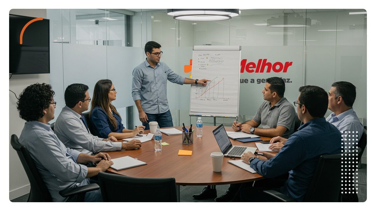 Investidores analisando juntos a sazonalidade de suas franquias de farmácia.