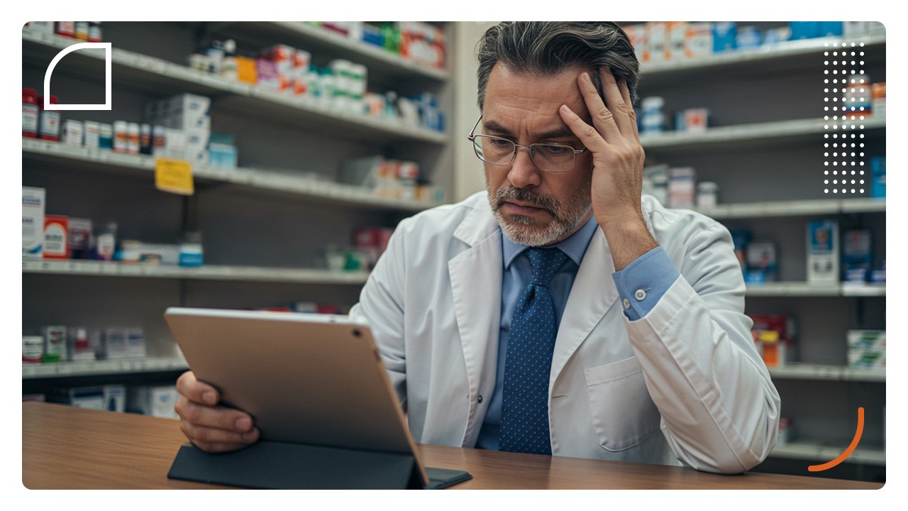 Farmacêutico preocupado porque sua loja apresenta sinais de crise financeira na farmácia.