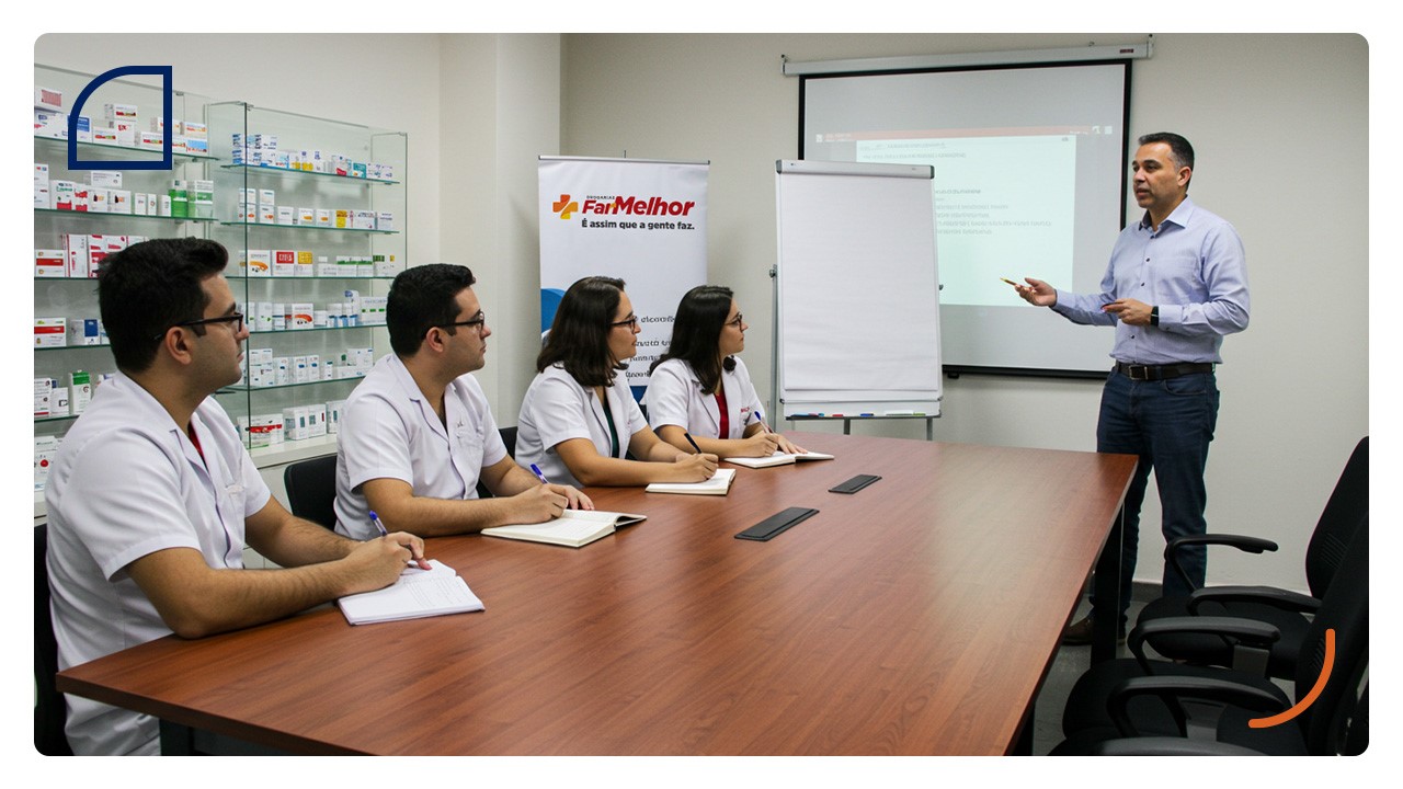 Grupo em uma sala de reunião com um instrutor em pé, apresentando. Eles estão vestidos de uniformes brancos, destacando a importância do atendimento de qualidade aos clientes.