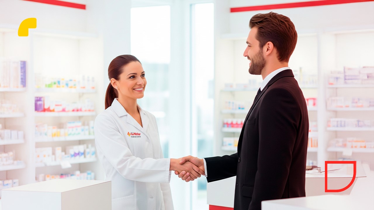 Investidor selando acordo com o farmacêutico, dentro de uma Franquia FarMelhor.