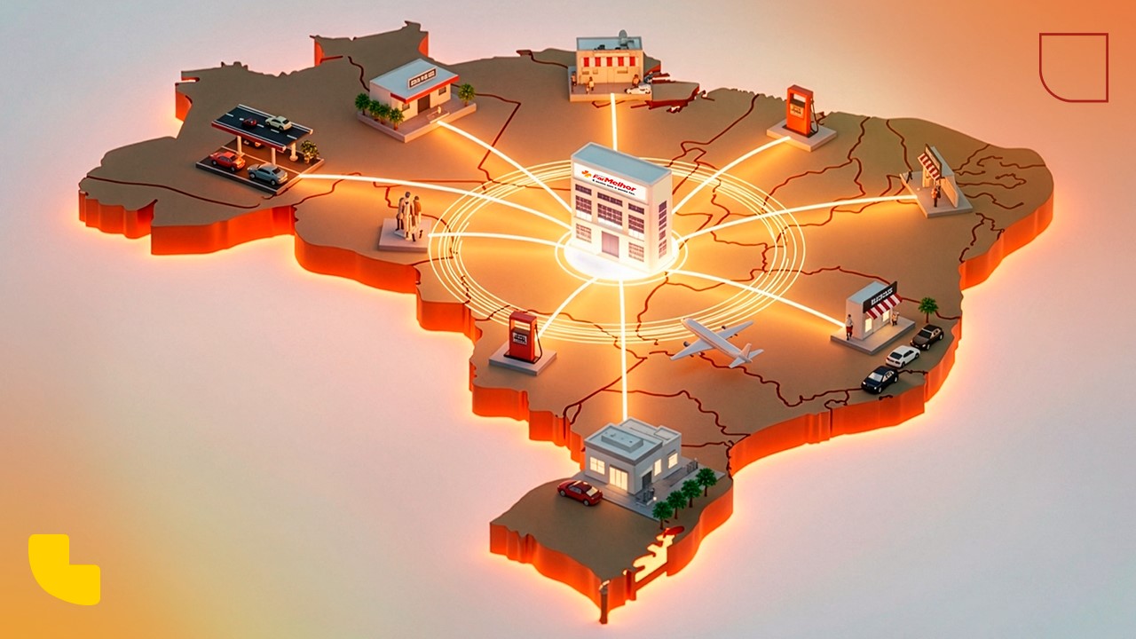 Mapa do Brasil em tons de marrom e laranja. No centro do mapa, há um edifício principal iluminado com o logotipo da FarMelhor, de onde partem linhas de conexão brilhantes para diferentes modelos de lojas espalhados por todo o território nacional.