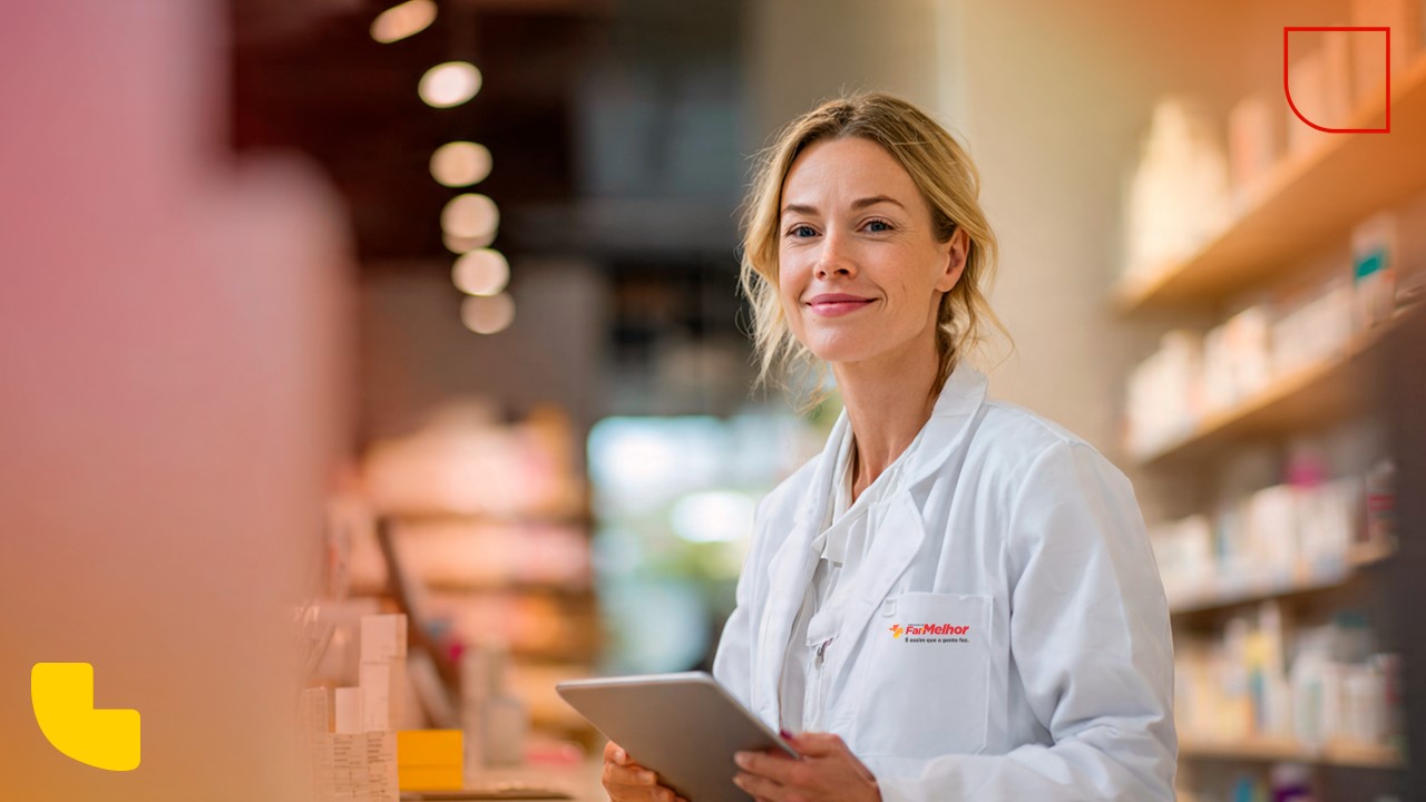Aqui está o texto alternativo (alt text) otimizado para acessibilidade e SEO, focando na sua palavra-chave: Alt Text: Mulher loira sorridente, vestindo jaleco branco com o logotipo da FarMelhor, segurando um tablet em uma farmácia moderna e bem iluminada. A imagem ilustra o potencial de sucesso e profissionalismo ao estabelecer uma unidade em um Open Mall para franquias, destacando um ambiente de consumo prático e acessível.