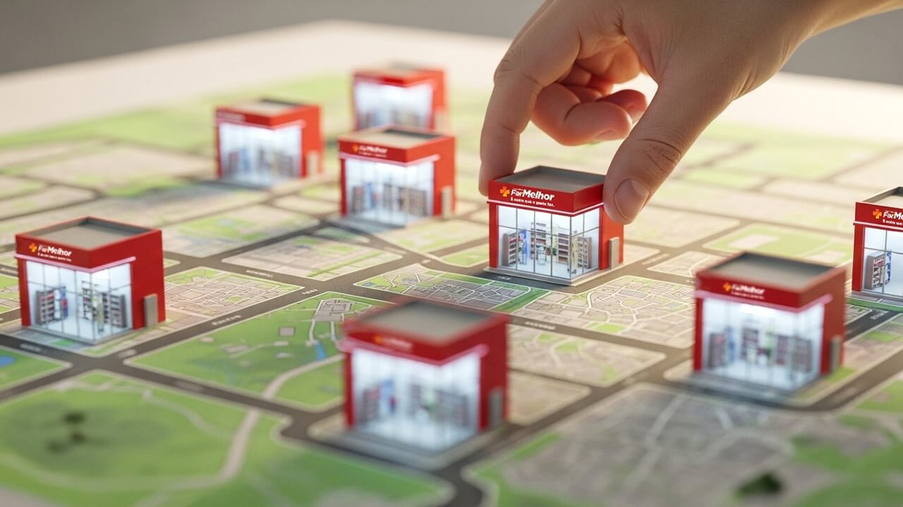 Uma mão humana coloca uma miniatura de loja vermelha e branca sobre um mapa urbano ilustrado, simulando um jogo de tabuleiro ou um planejamento estratégico de expansão. O mapa possui ruas, áreas verdes e várias outras miniaturas idênticas já posicionadas pelo cenário, representando o perfil do novo franqueado brasileiro que expande seus negócios. As lojas têm fachadas de vidro e o logotipo "FarMelhor". O foco da imagem está na miniatura que está sendo posicionada pela mão, deixando o fundo levemente desfocado.