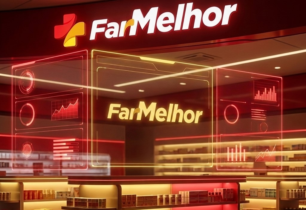 Fachada moderna e iluminada de uma farmácia da rede FarMelhor, ilustrando a evolução tecnológica e a importância da curadoria no varejo farmacêutico. A imagem destaca painéis digitais holográficos com gráficos de desempenho em vermelho e amarelo, sobrepostos às prateleiras organizadas de produtos ao fundo.
